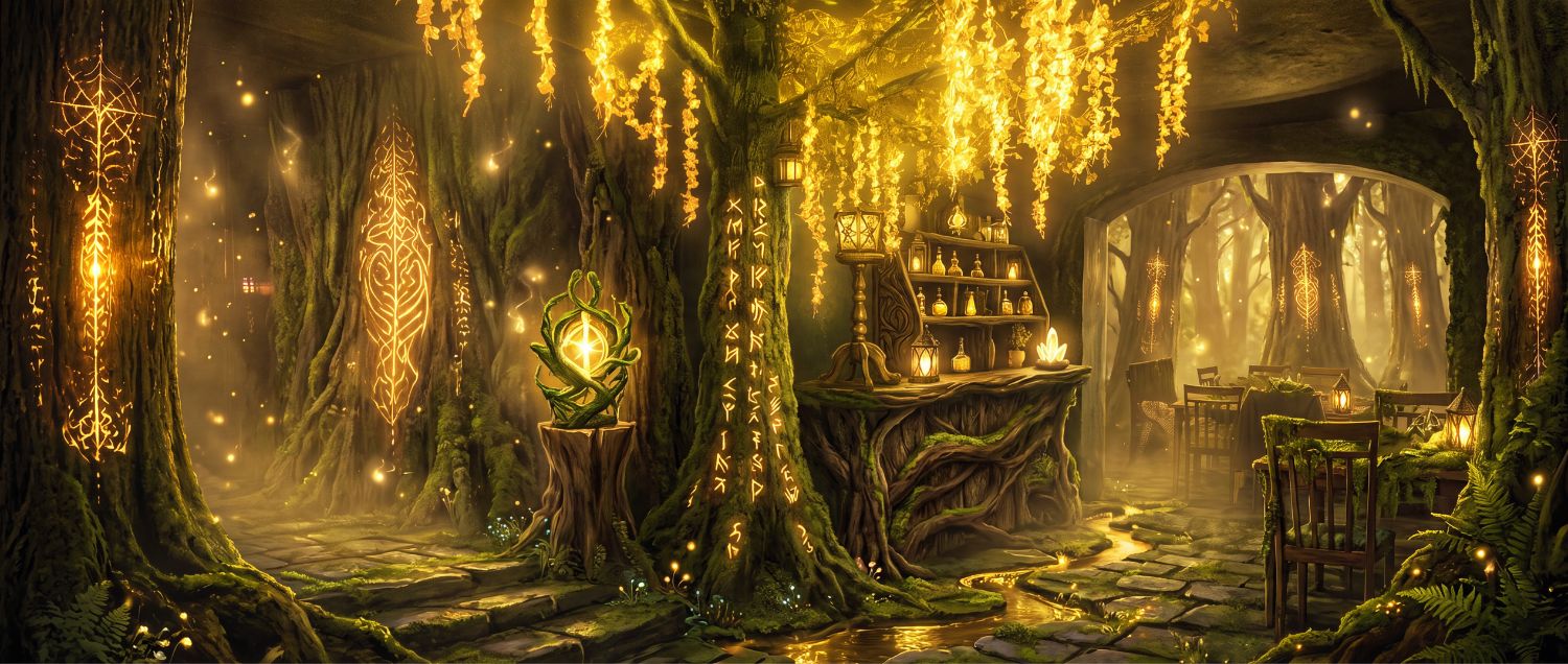 Enchanted rune-carved forest at twilight