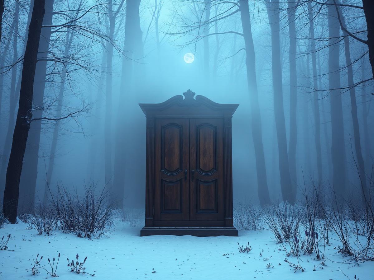 Mist-shrouded wardrobe in a snowy forest
